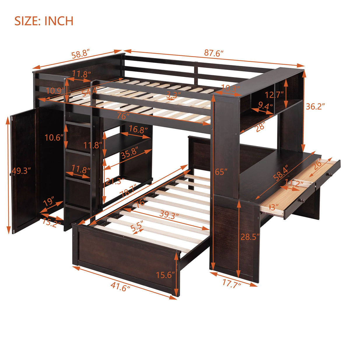 Espresso Full Loft Bed with Twin Bed, Desk and Wardrobe