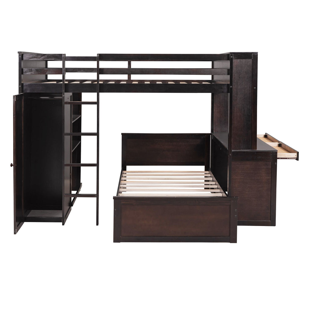 Espresso Full Loft Bed with Twin Bed, Desk and Wardrobe