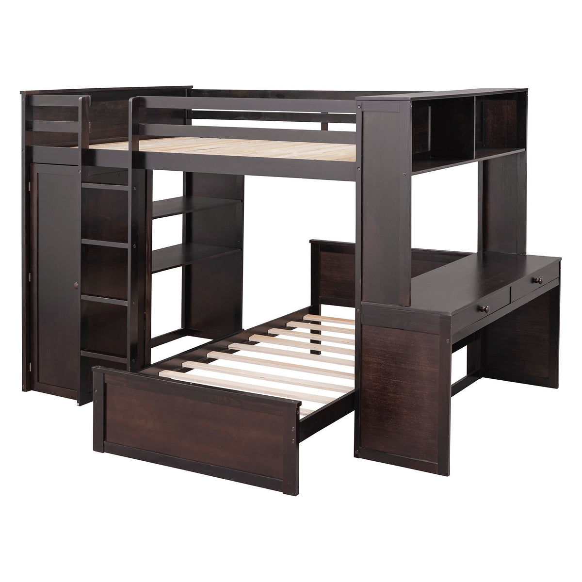 Espresso Full Loft Bed with Twin Bed, Desk and Wardrobe
