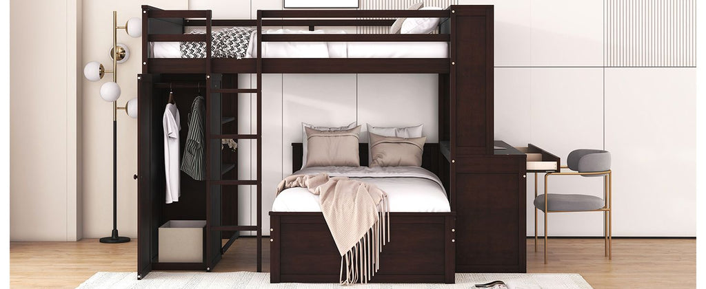 Espresso Full Loft Bed with Twin Bed, Desk and Wardrobe