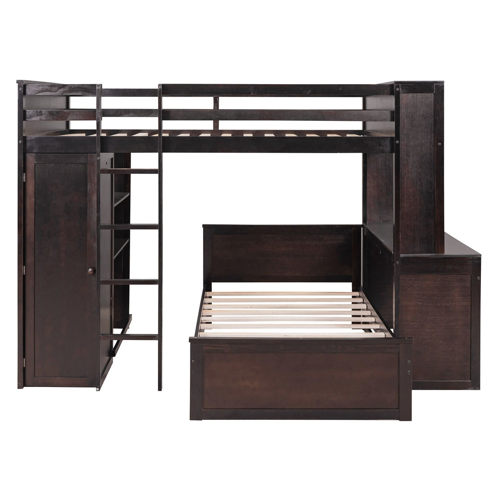 Espresso Full Loft Bed with Twin Bed, Desk and Wardrobe