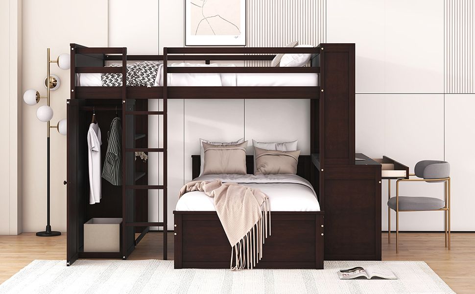 Espresso Full Loft Bed with Twin Bed, Desk and Wardrobe