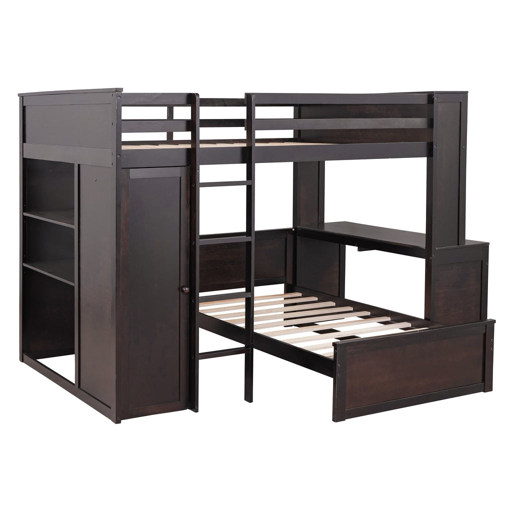 Espresso Full Loft Bed with Twin Bed, Desk and Wardrobe