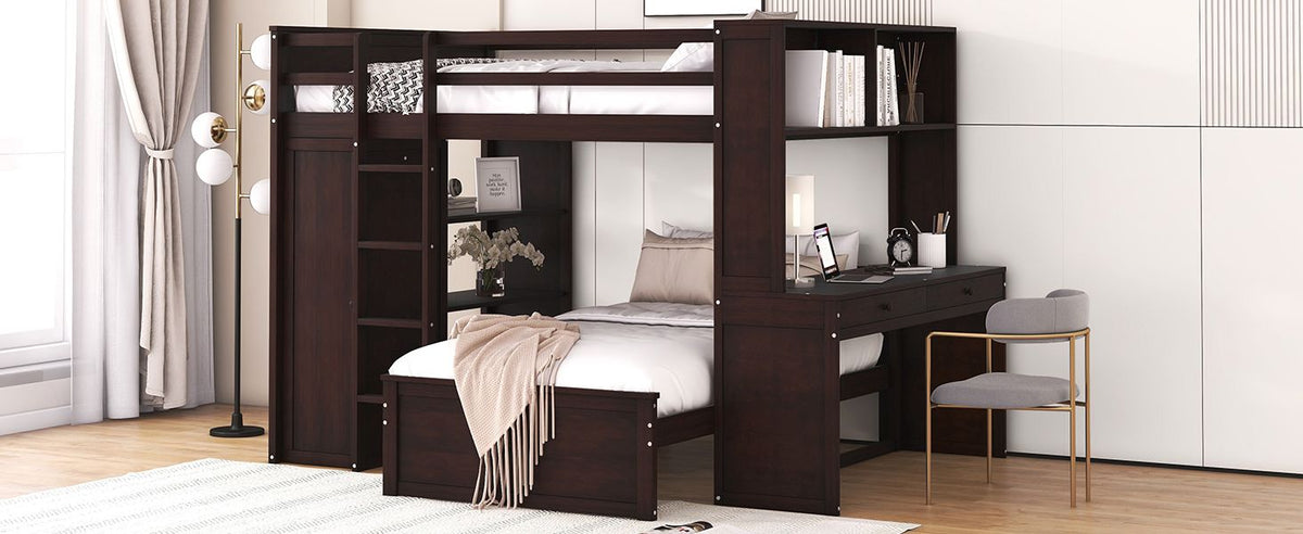 Espresso Full Loft Bed with Twin Bed, Desk and Wardrobe