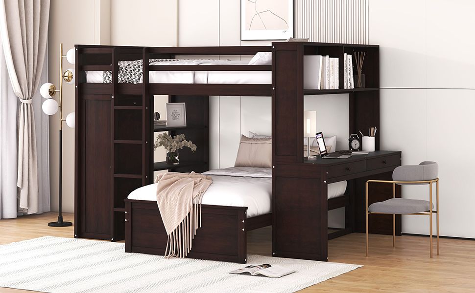 Espresso Full Loft Bed with Twin Bed, Desk and Wardrobe