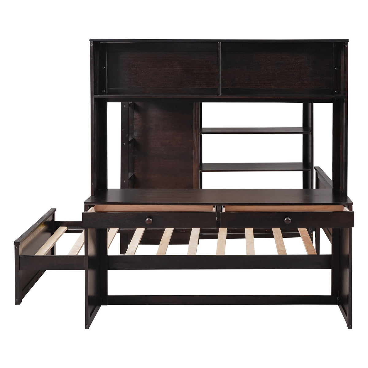 Espresso Full Loft Bed with Twin Bed, Desk and Wardrobe