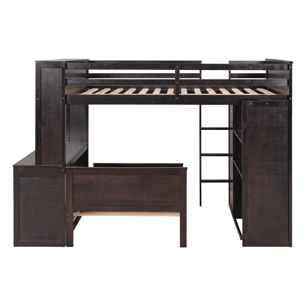 Espresso Full Loft Bed with Twin Bed, Desk and Wardrobe