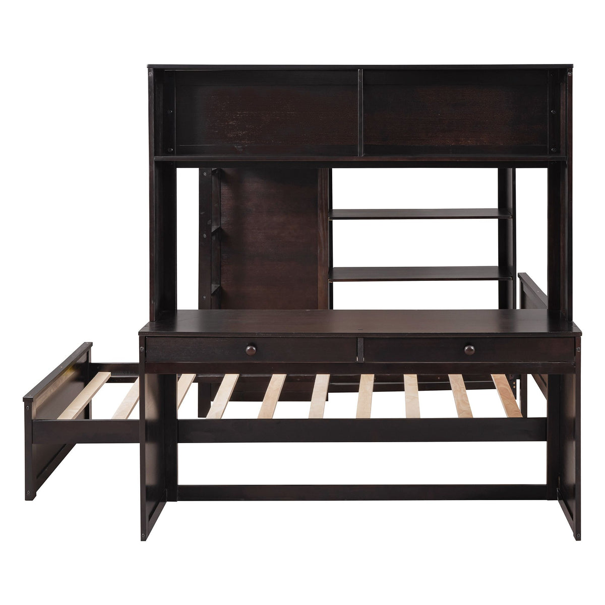 Espresso Full Loft Bed with Twin Bed, Desk and Wardrobe