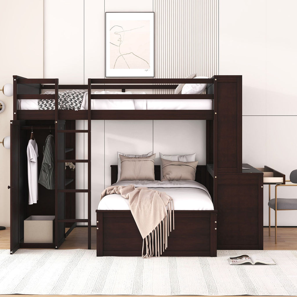 Espresso Full Loft Bed with Twin Bed, Desk and Wardrobe