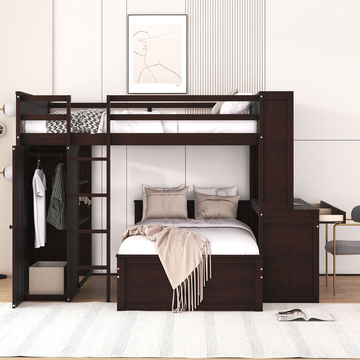 Espresso Full Loft Bed with Twin Bed, Desk and Wardrobe