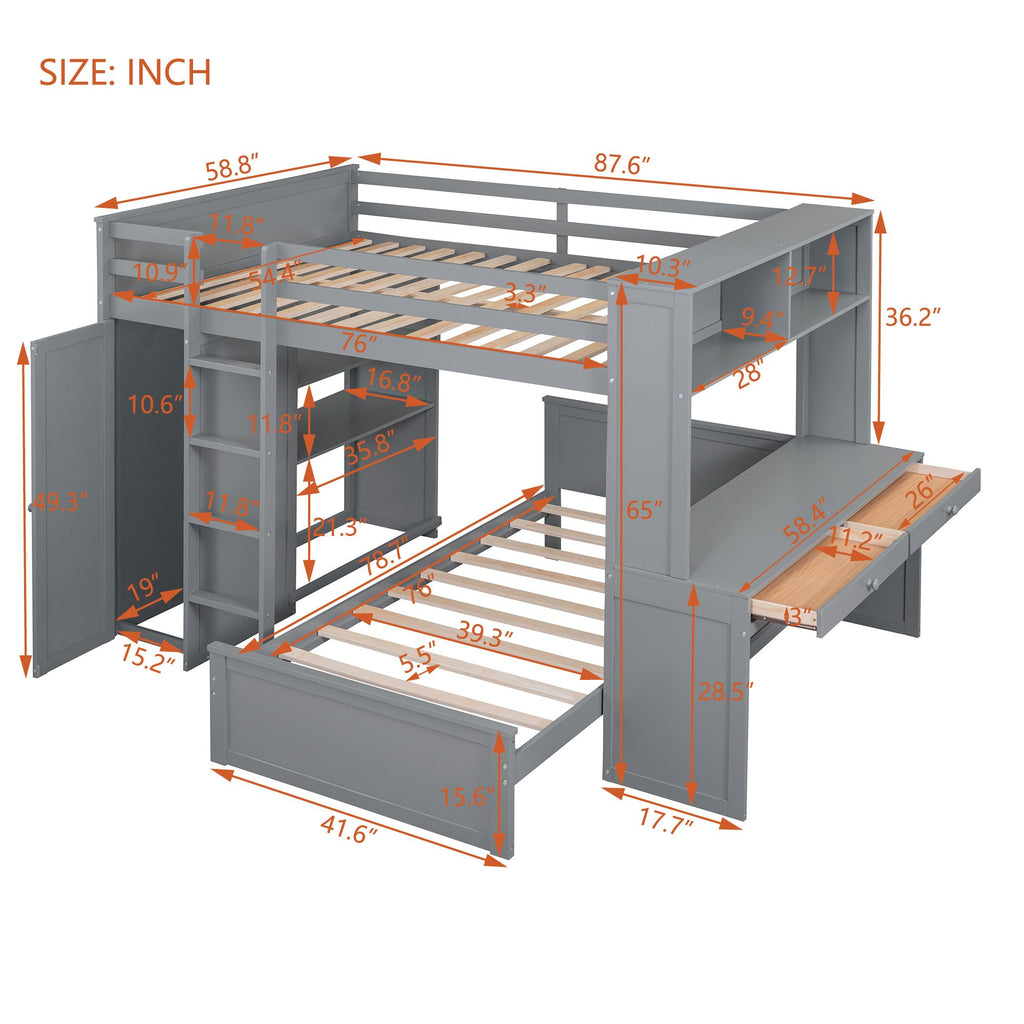 Multifunctional Loft Bed with Separate Lower Bed and Workspace