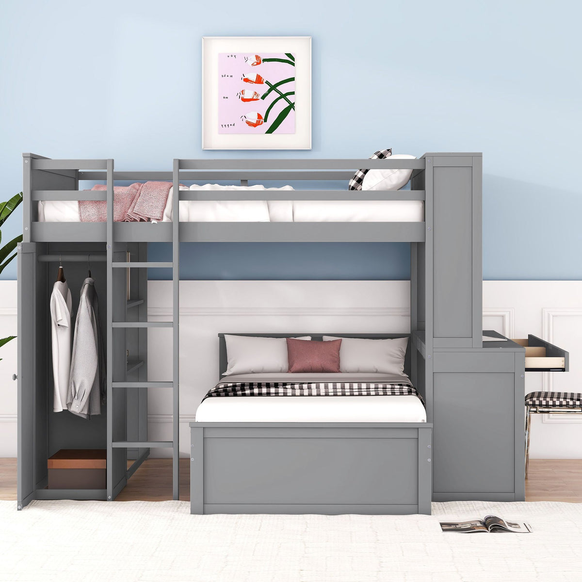 Multifunctional Loft Bed with Separate Lower Bed and Workspace