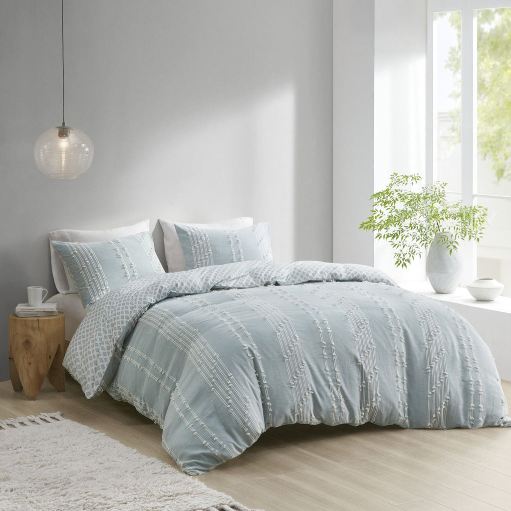 Reversible Aqua Jacquard Duvet Cover Set