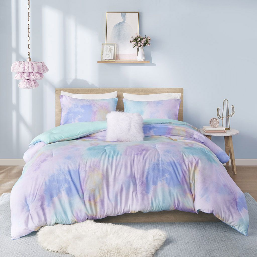 Watercolor Tie-Dye Comforter Set with Furry Accent Pillow