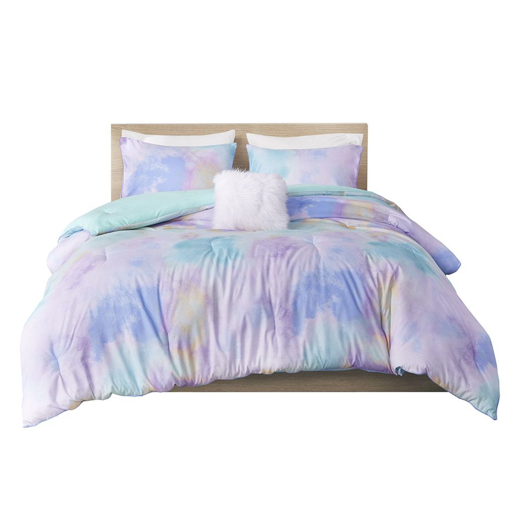 Watercolor Tie-Dye Comforter Set with Furry Accent Pillow
