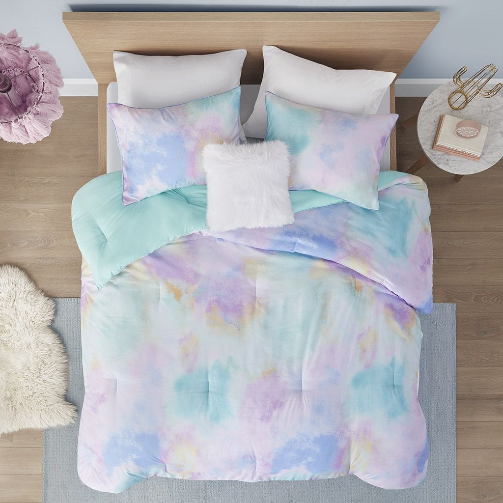 Watercolor Tie-Dye Comforter Set with Furry Accent Pillow