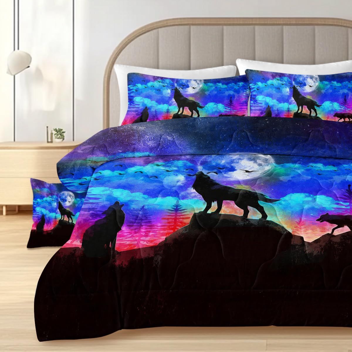Galaxy Wolf Howling Comforter Set