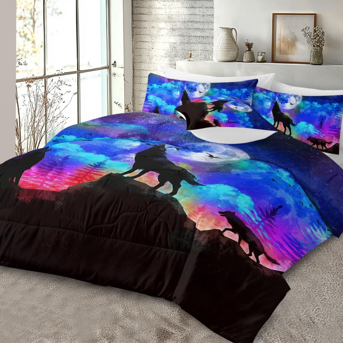 Galaxy Wolf Howling Comforter Set