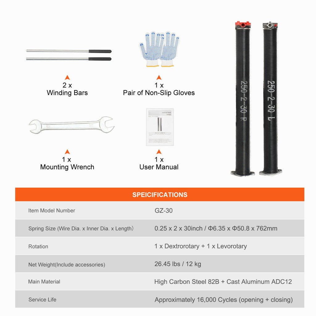 16000-Cycle Garage Door Torsion Springs with Full Installation Kit