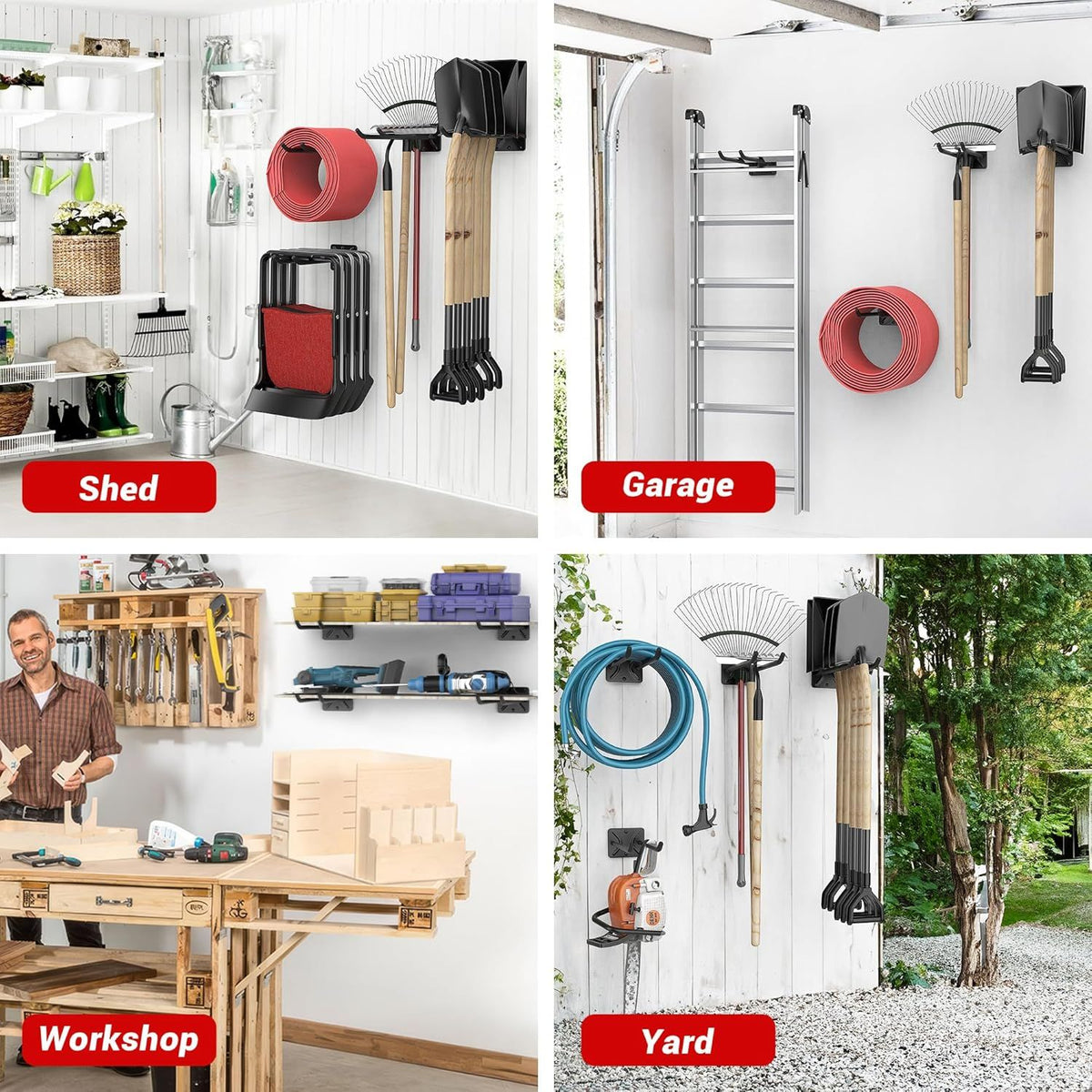 practical Wall Mount Garage Storage Hooks - Tool Organizer for Tires, Ladders & Garden Tools (4 Pack)