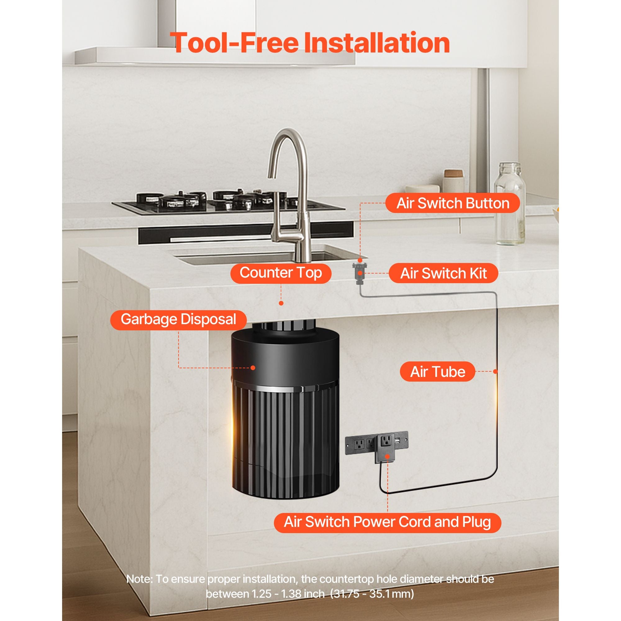 Garbage Disposal Air Switch Kit – Brushed Silver Stainless Steel Sink Top Push Button