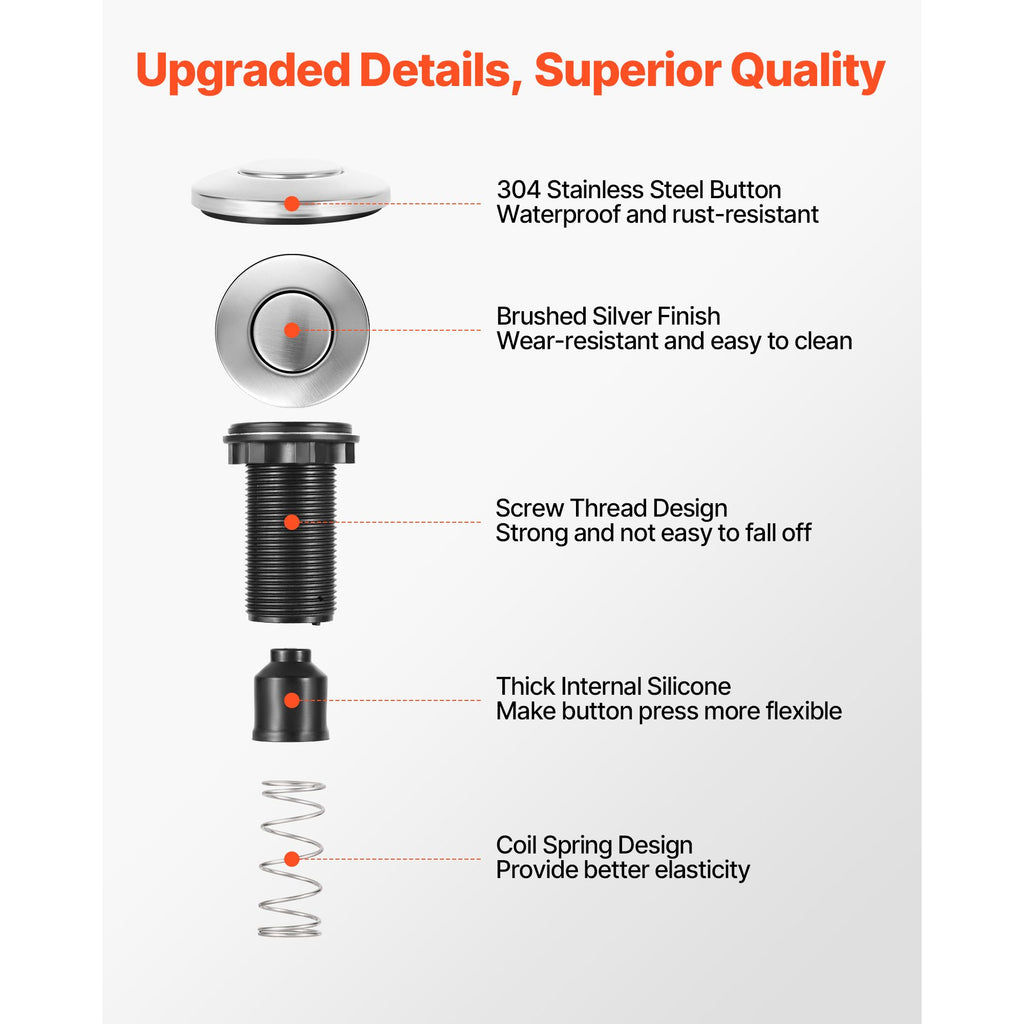 Garbage Disposal Air Switch Kit – Brushed Silver Stainless Steel Sink Top Push Button