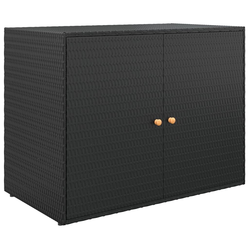 Black Poly Rattan Garden Storage Cabinet with Acacia Wood Accents