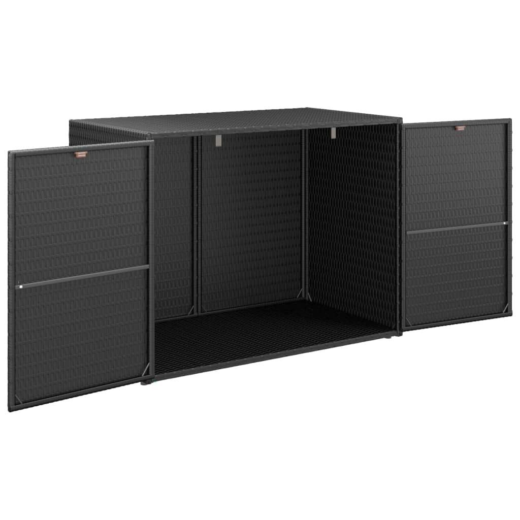 Black Poly Rattan Garden Storage Cabinet with Acacia Wood Accents