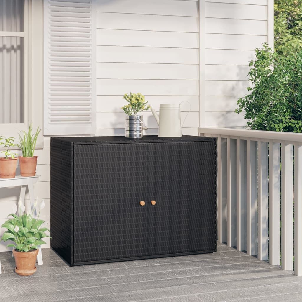 Black Poly Rattan Garden Storage Cabinet with Acacia Wood Accents