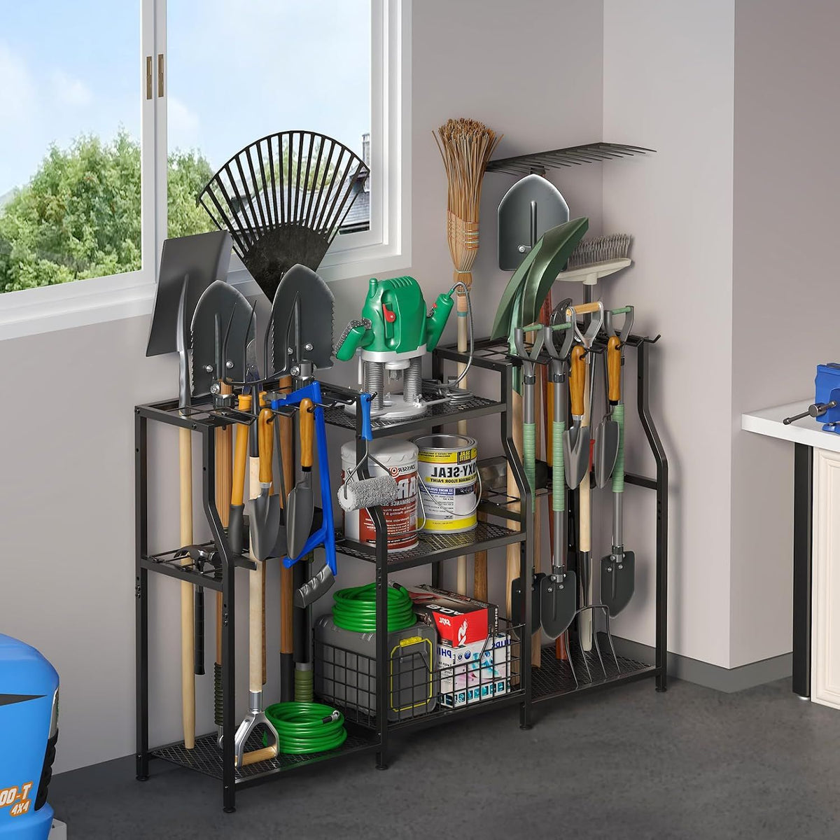 Three-Tier Garden Tool Organizer Tower for Garage and Shed Storage