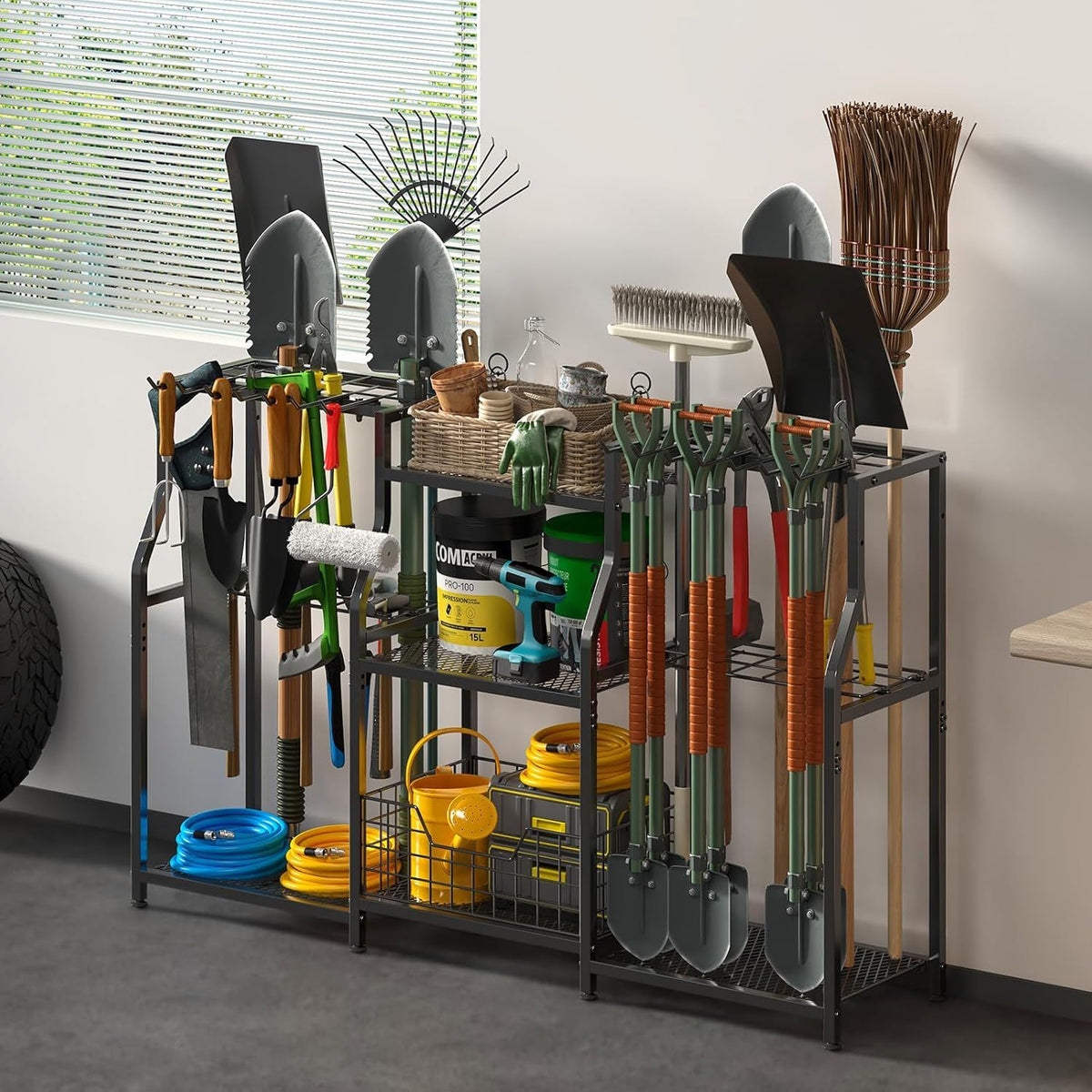 Three-Tier Garden Tool Organizer Tower for Garage and Shed Storage