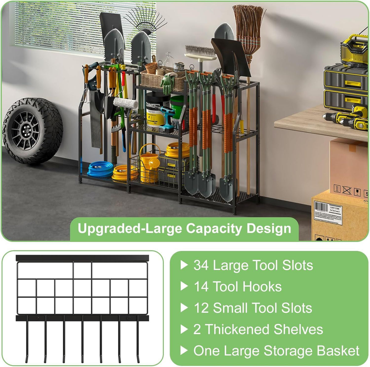 Three-Tier Garden Tool Organizer Tower for Garage and Shed Storage
