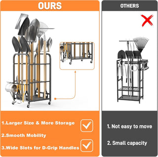Wheeled Garden Tool Organizer Stand for Rakes, Shovels, and Long-Handled Yard Tools