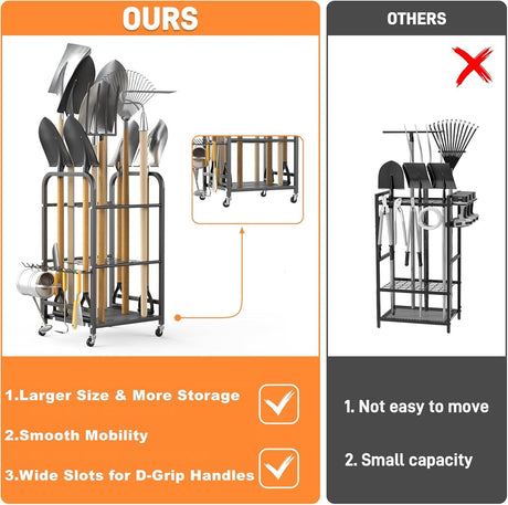 Wheeled Garden Tool Organizer Stand for Rakes, Shovels, and Long-Handled Yard Tools