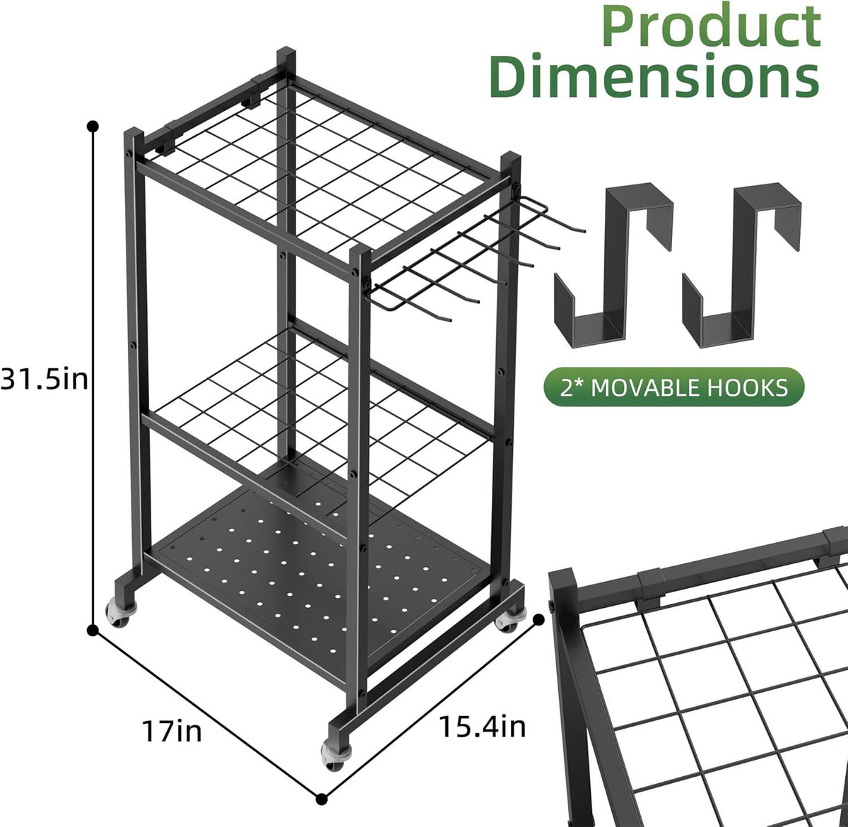 Rolling Garden Tool Rack with Hooks for Garage, Shed, and Patio