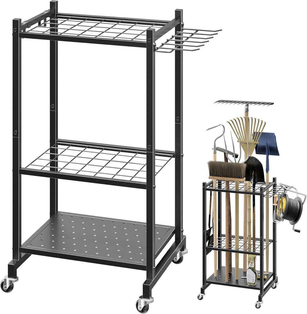 Rolling Garden Tool Rack with Hooks for Garage, Shed, and Patio