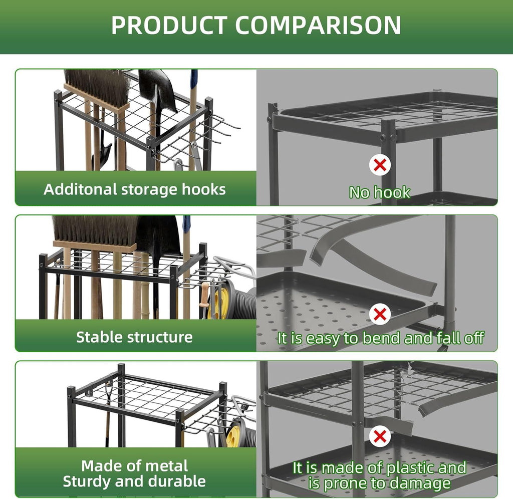 Rolling Garden Tool Rack with Hooks for Garage, Shed, and Patio
