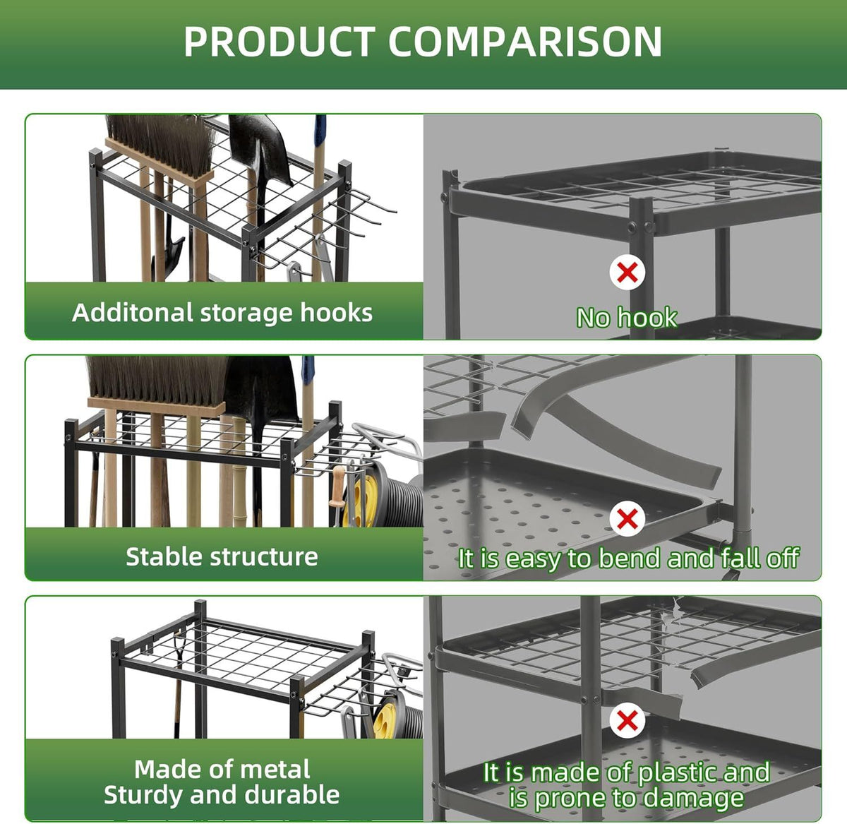 Rolling Garden Tool Rack with Hooks for Garage, Shed, and Patio
