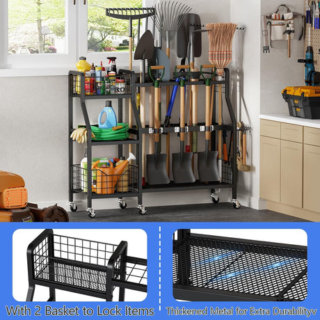 Rolling Garden Tool Organizer with Two Baskets and Lockable Wheels