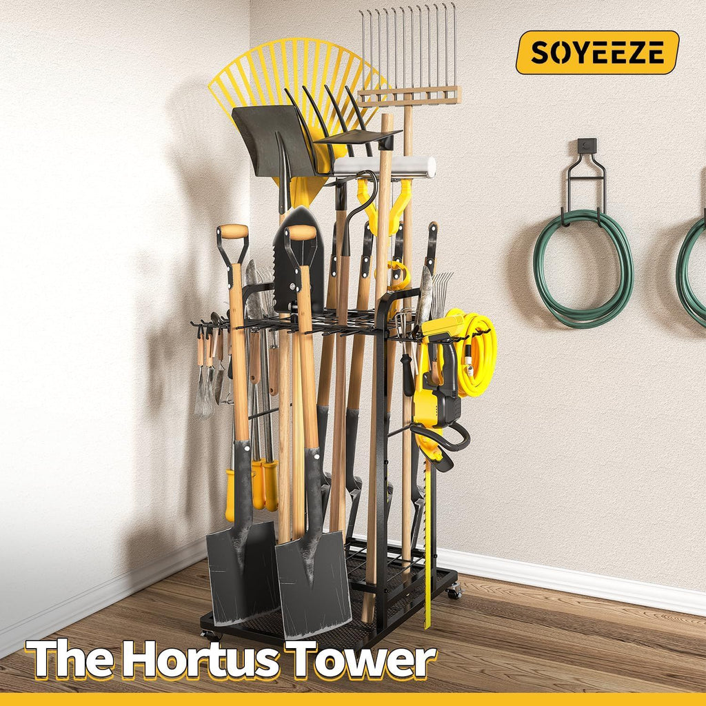 Rolling Three-Tier Garden Tool Rack with Hooks for Garage Storage