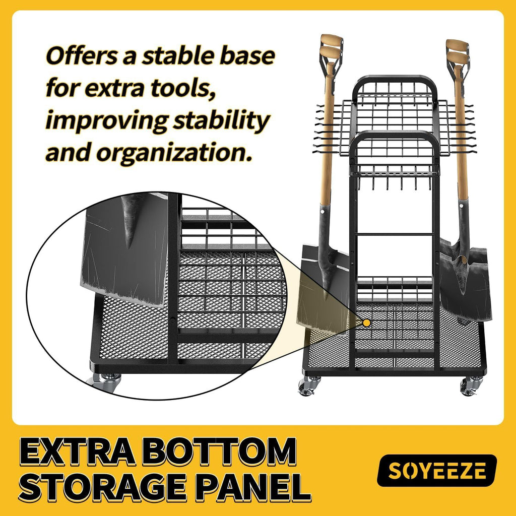 Rolling Three-Tier Garden Tool Rack with Hooks for Garage Storage