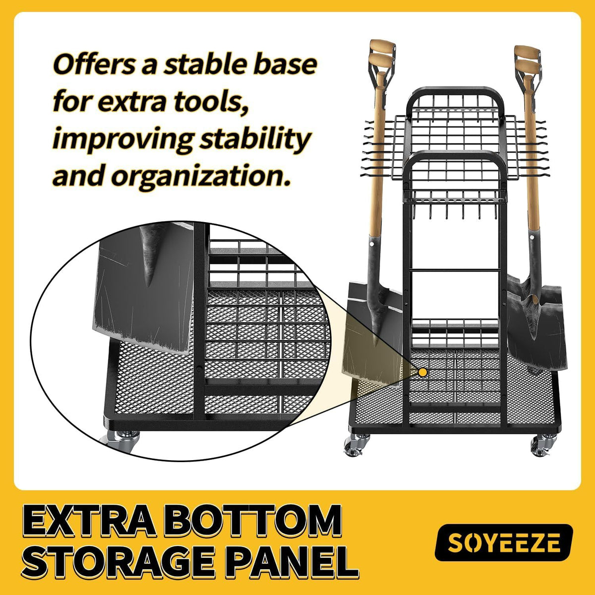 Rolling Three-Tier Garden Tool Rack with Hooks for Garage Storage