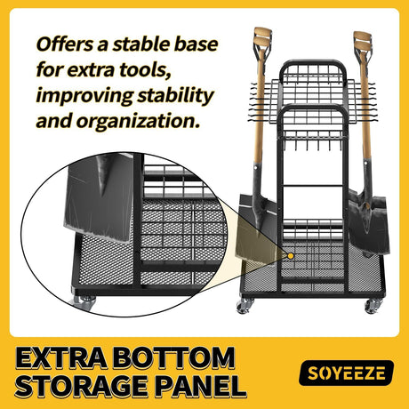Rolling Three-Tier Garden Tool Rack with Hooks for Garage Storage