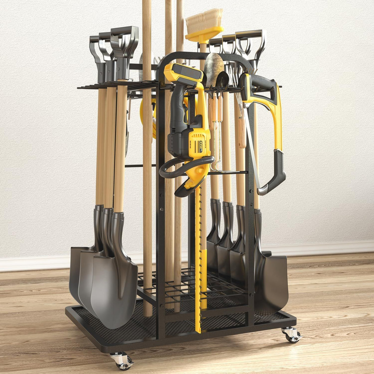 Rolling Three-Tier Garden Tool Rack with Hooks for Garage Storage