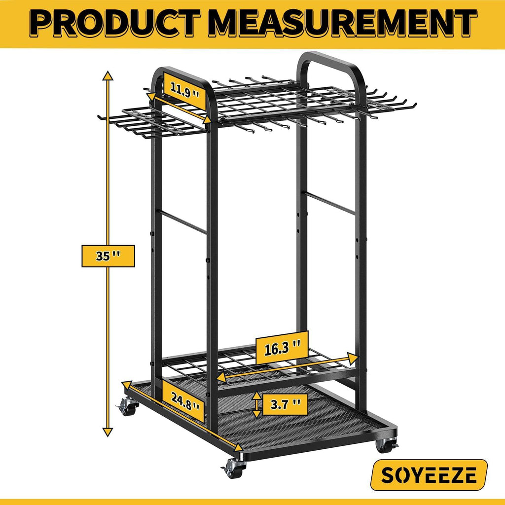 Rolling Three-Tier Garden Tool Rack with Hooks for Garage Storage