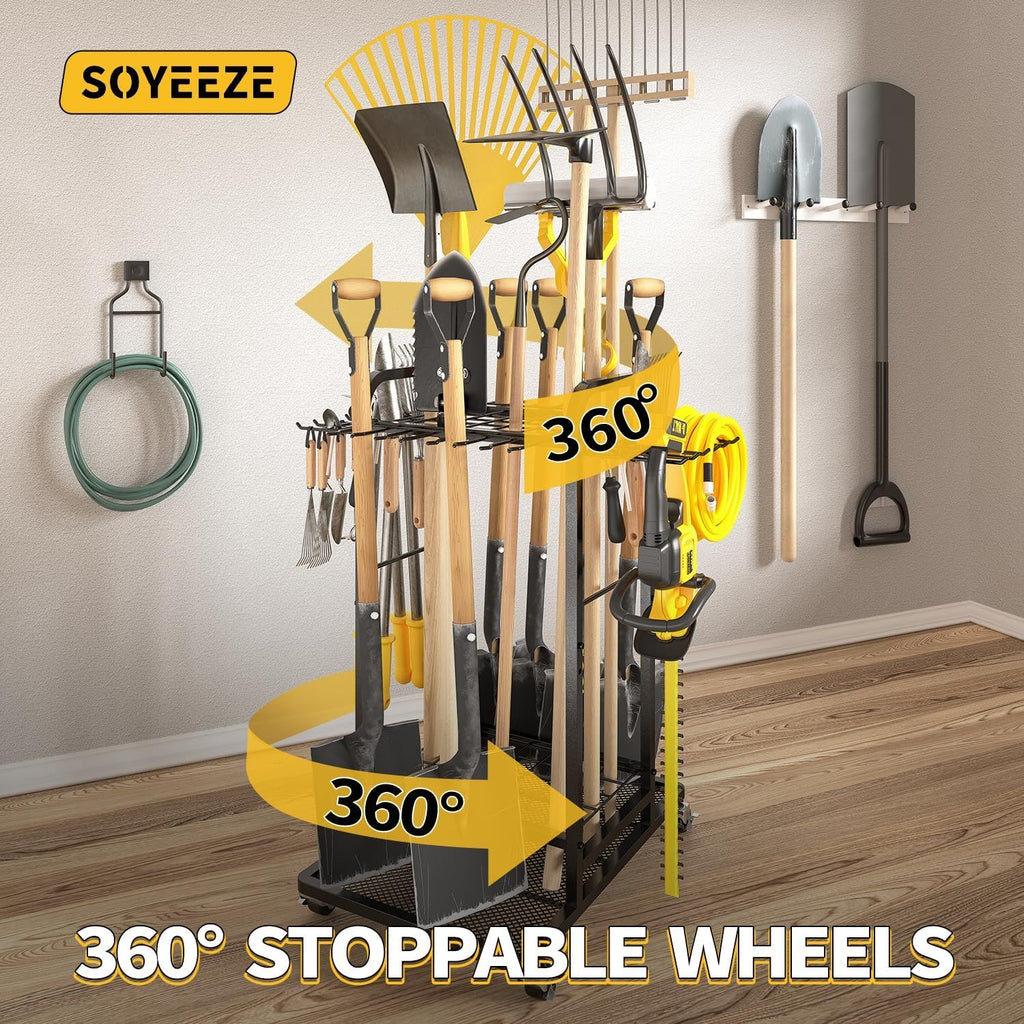 Rolling Three-Tier Garden Tool Rack with Hooks for Garage Storage
