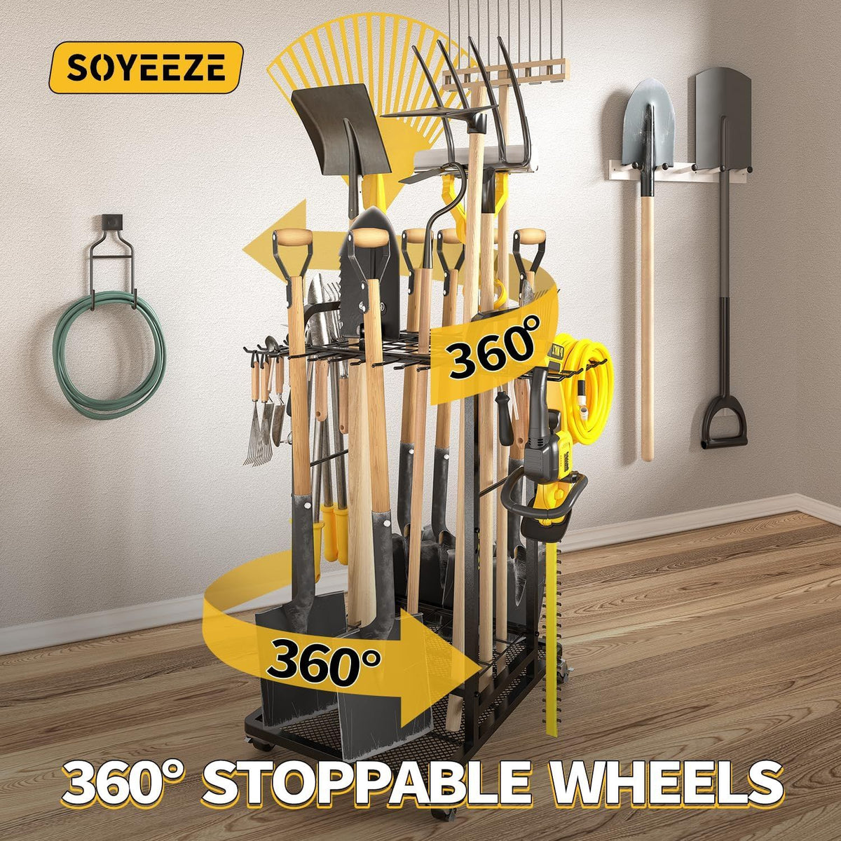 Rolling Three-Tier Garden Tool Rack with Hooks for Garage Storage