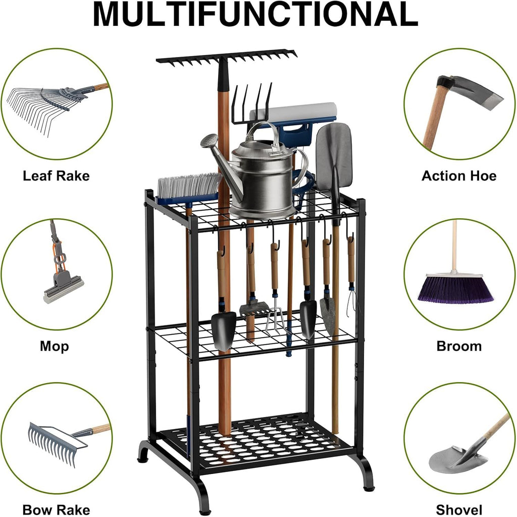 Garden Tool Tower Rack Keeps Long-Handled Yard Tools Standing Ready