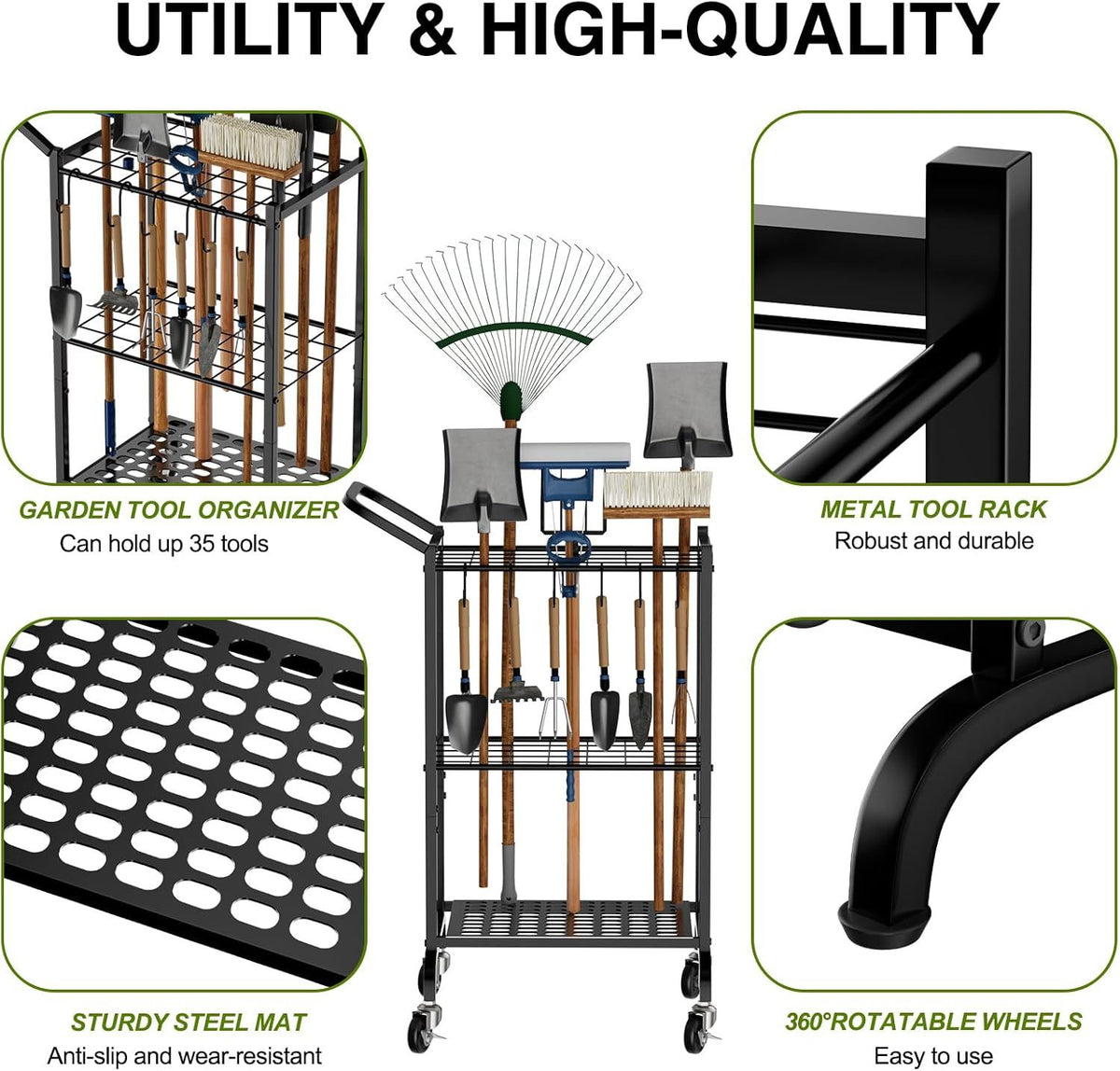 Garden Tool Tower Rack Keeps Long-Handled Yard Tools Standing Ready