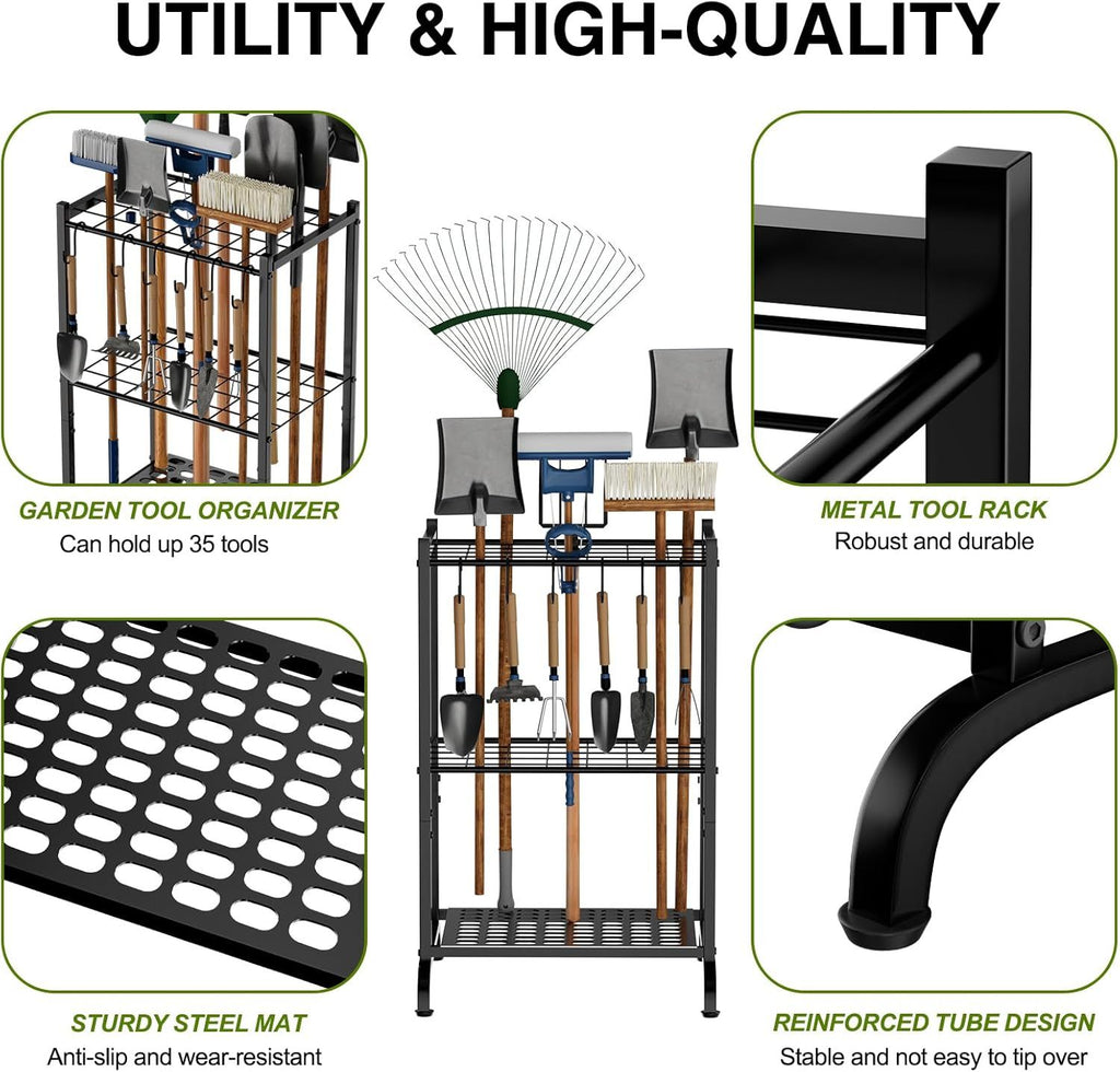 Garden Tool Tower Rack Keeps Long-Handled Yard Tools Standing Ready